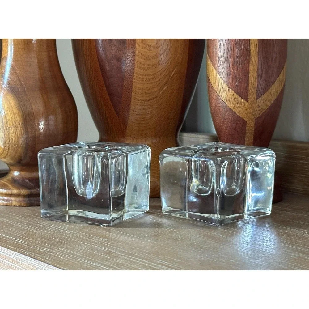 Vintage Clear Glass Cube Inkwell Set of 2 Heavy Mid-Century Modern Desk Decor